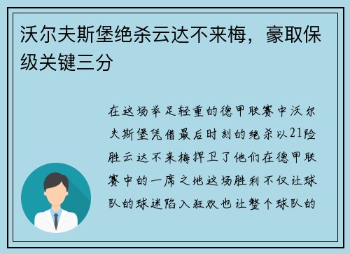 沃尔夫斯堡绝杀云达不来梅，豪取保级关键三分